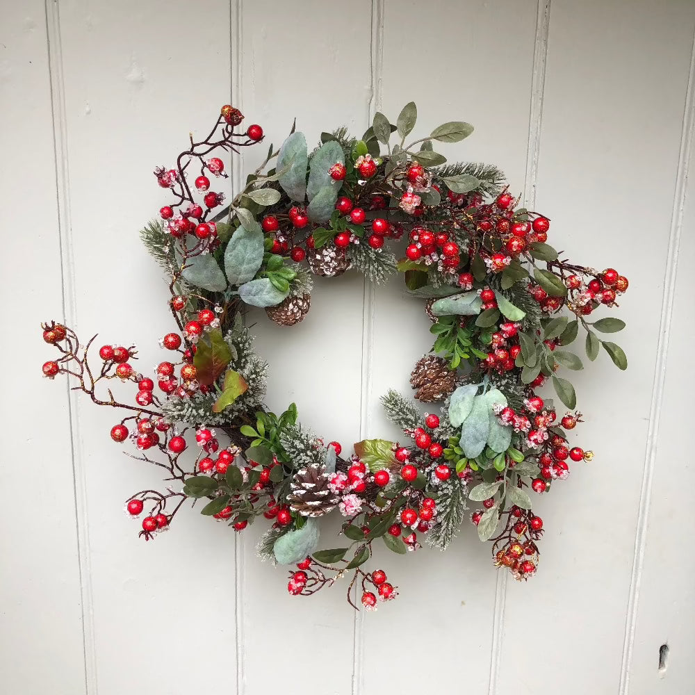 Frosted Fir Wreath with Rosehips