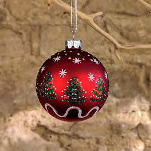 Matt Red Glass Bauble with Trees & Stars