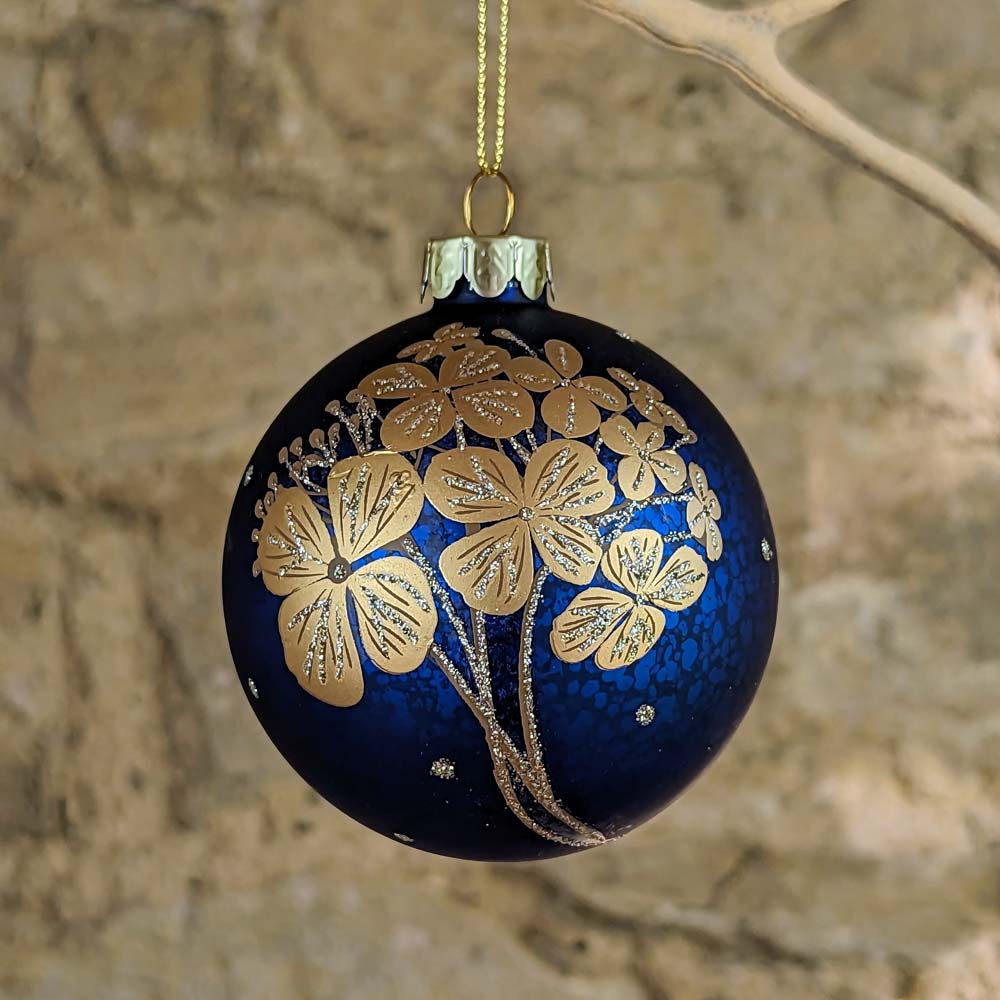 Antique Blue Glass Bauble with Gold Flowers