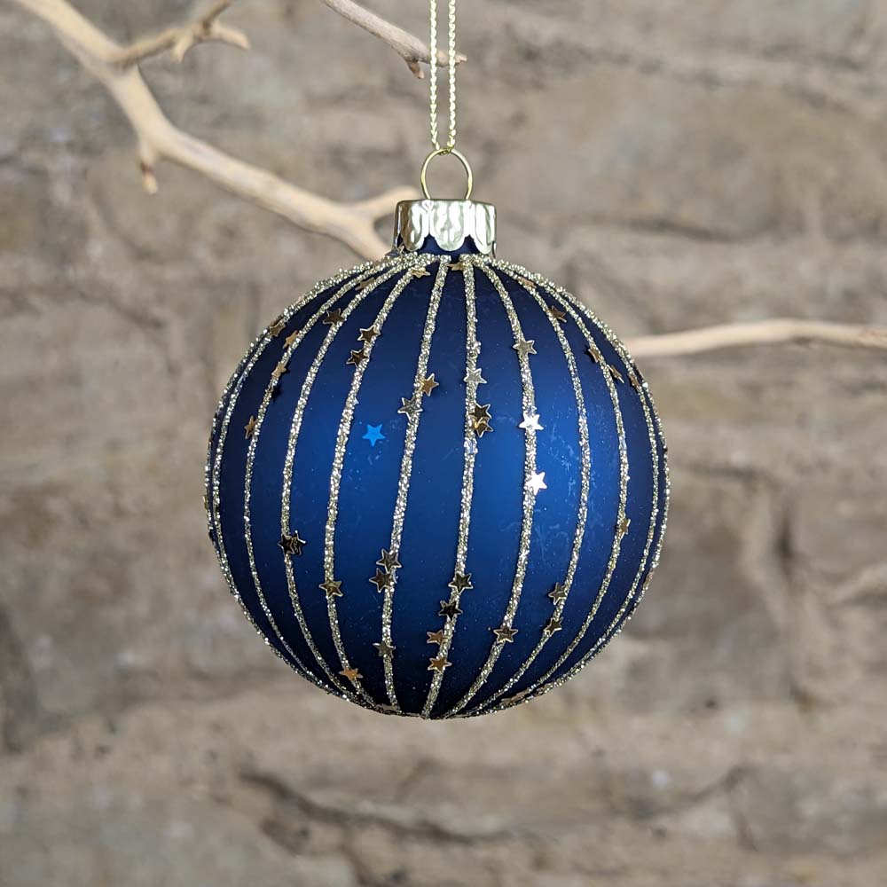 Matt Blue Glass Bauble with Gold Star and Stripes