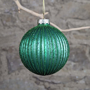 Dark Green Ribbed Glass Bauble