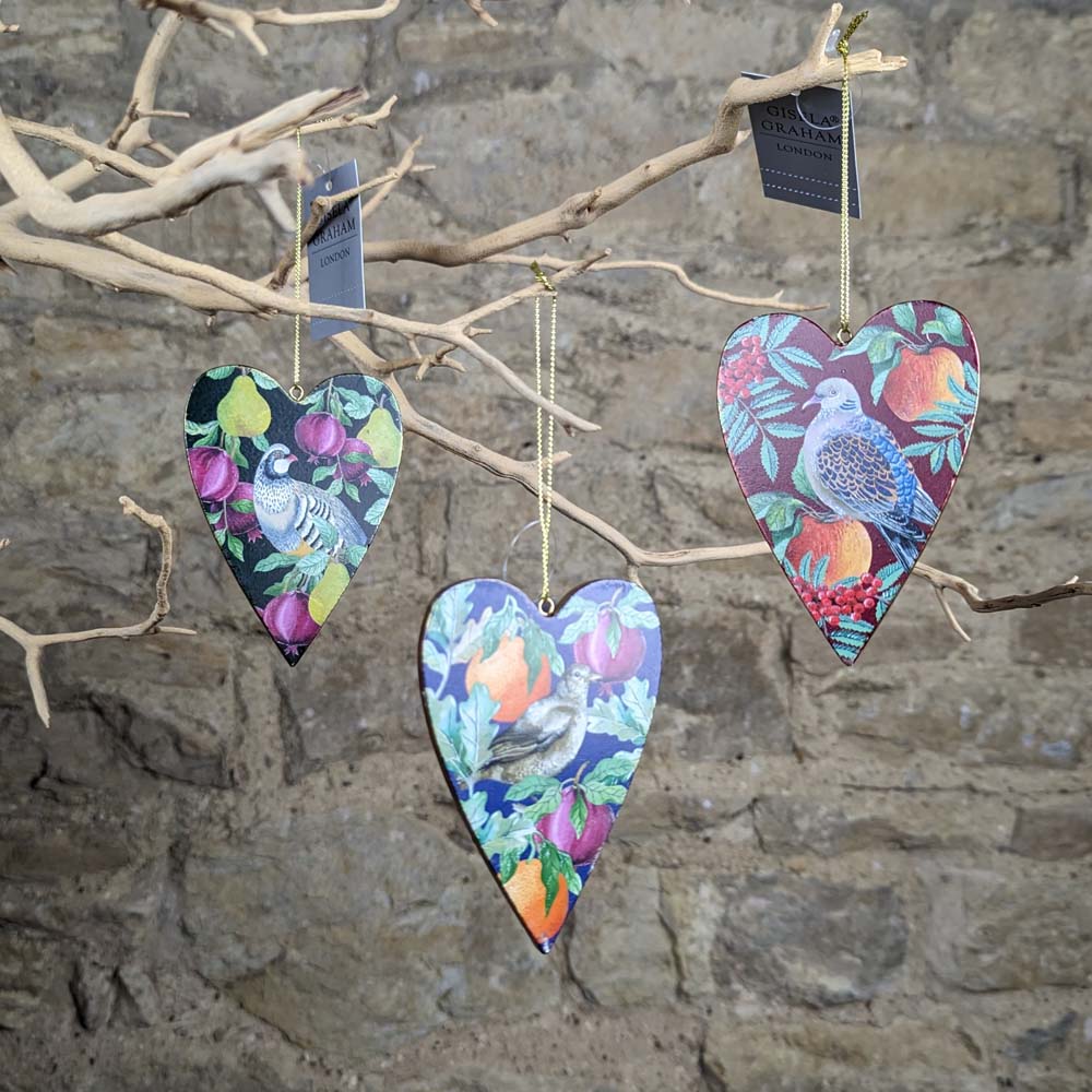 Partridge and Dove Wooden Hearts Decorations