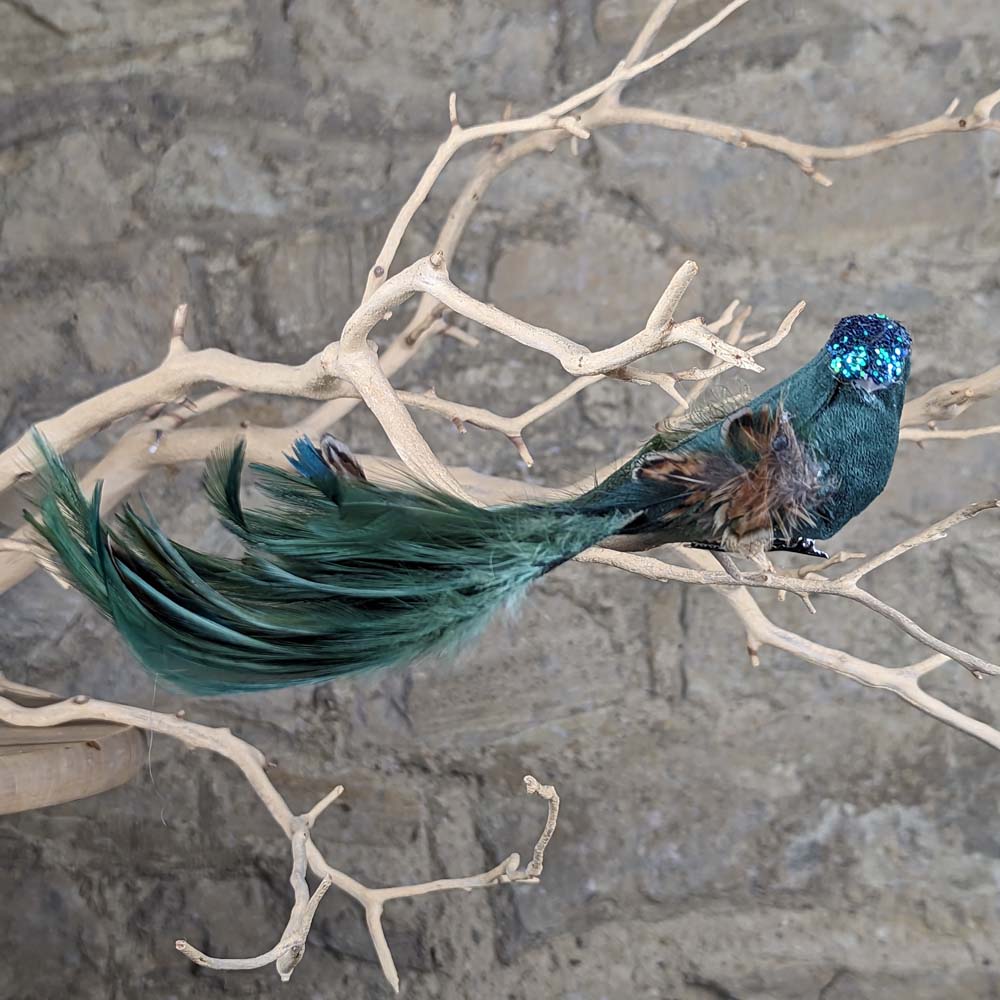 Blue & Green Fabric Birds with Natural feather wings and Tails with Glitter Heads