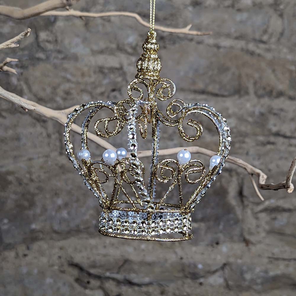 Gold Glitter Wire & Pearl Crown Decoration