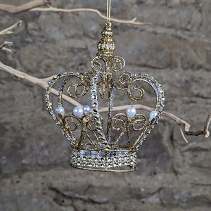 Gold Glitter Wire & Pearl Crown Decoration
