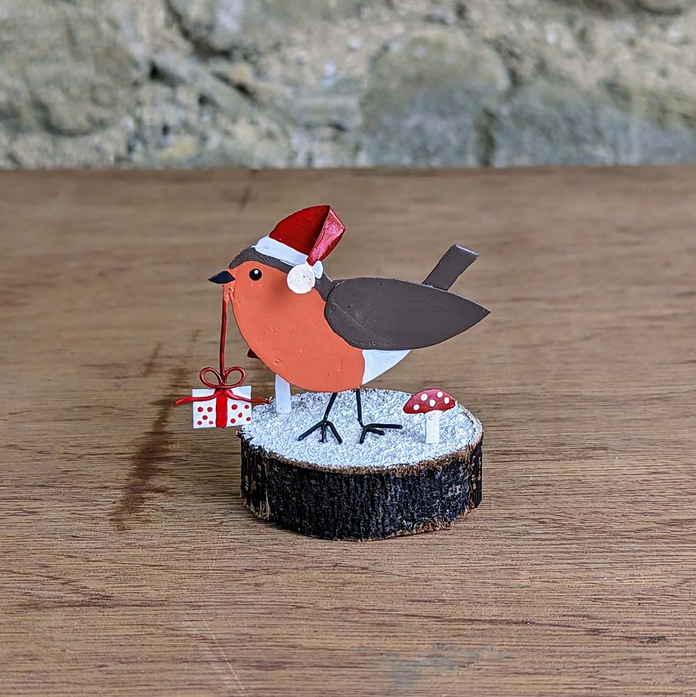 Robin With Gift On Wooden Base