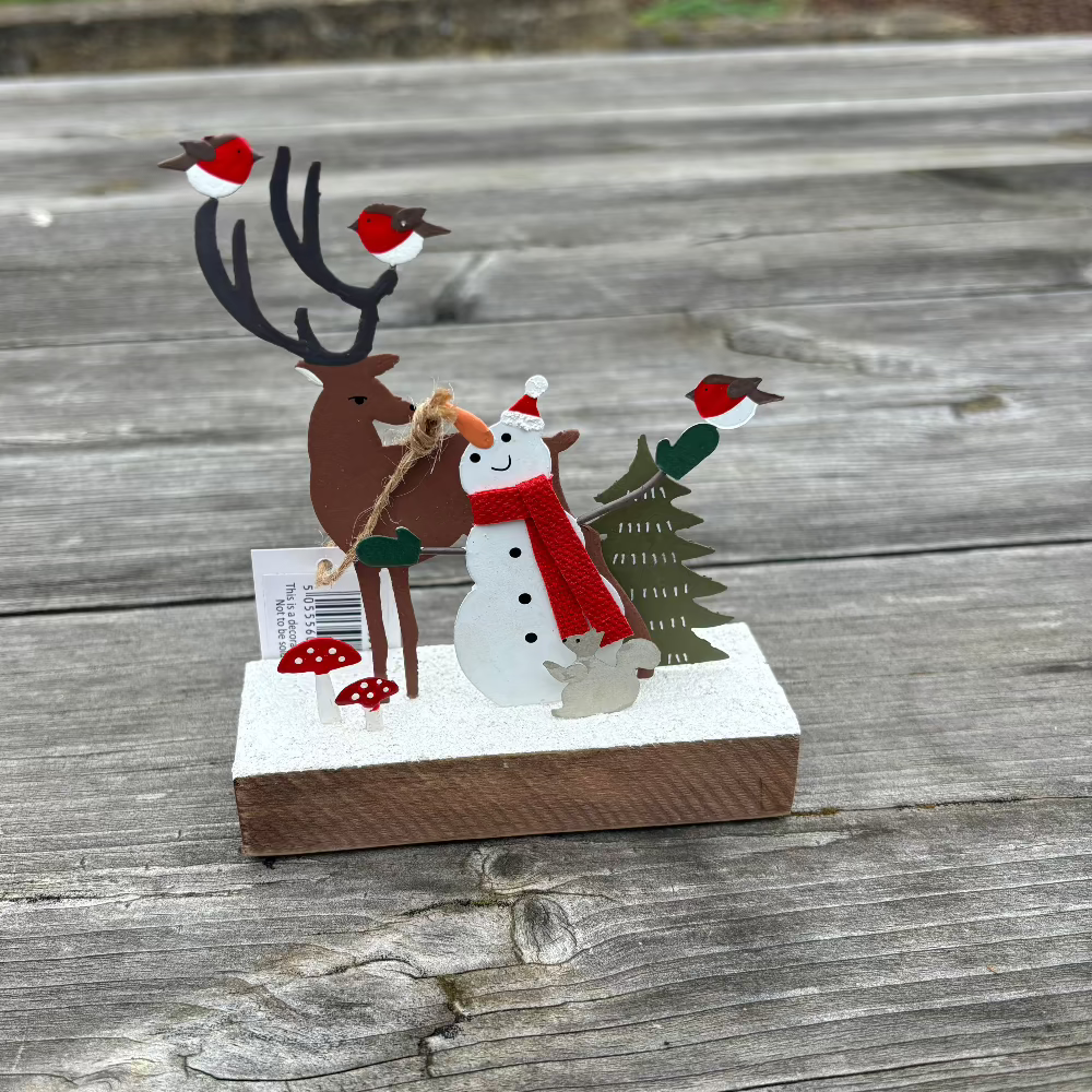 Metal Deer and Snowman Scene on a wooden block