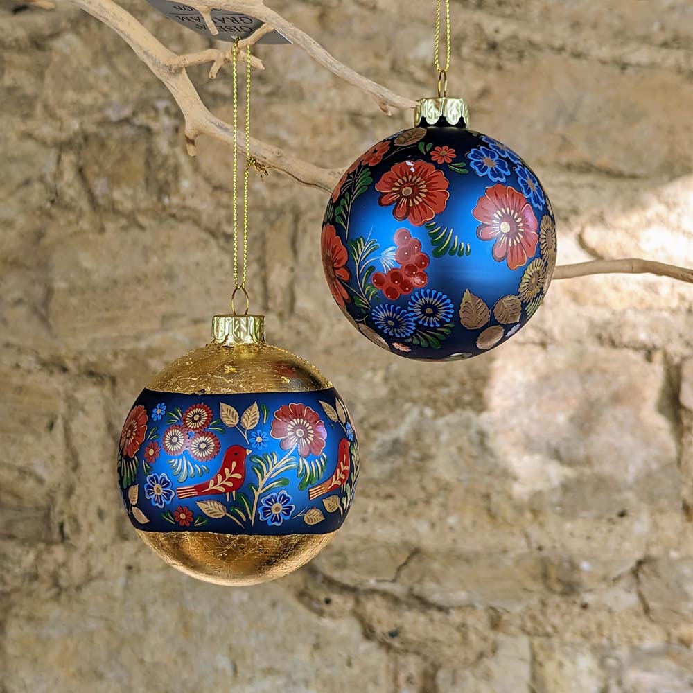 Blue and Gold Folk Art Floral Glass Bauble
