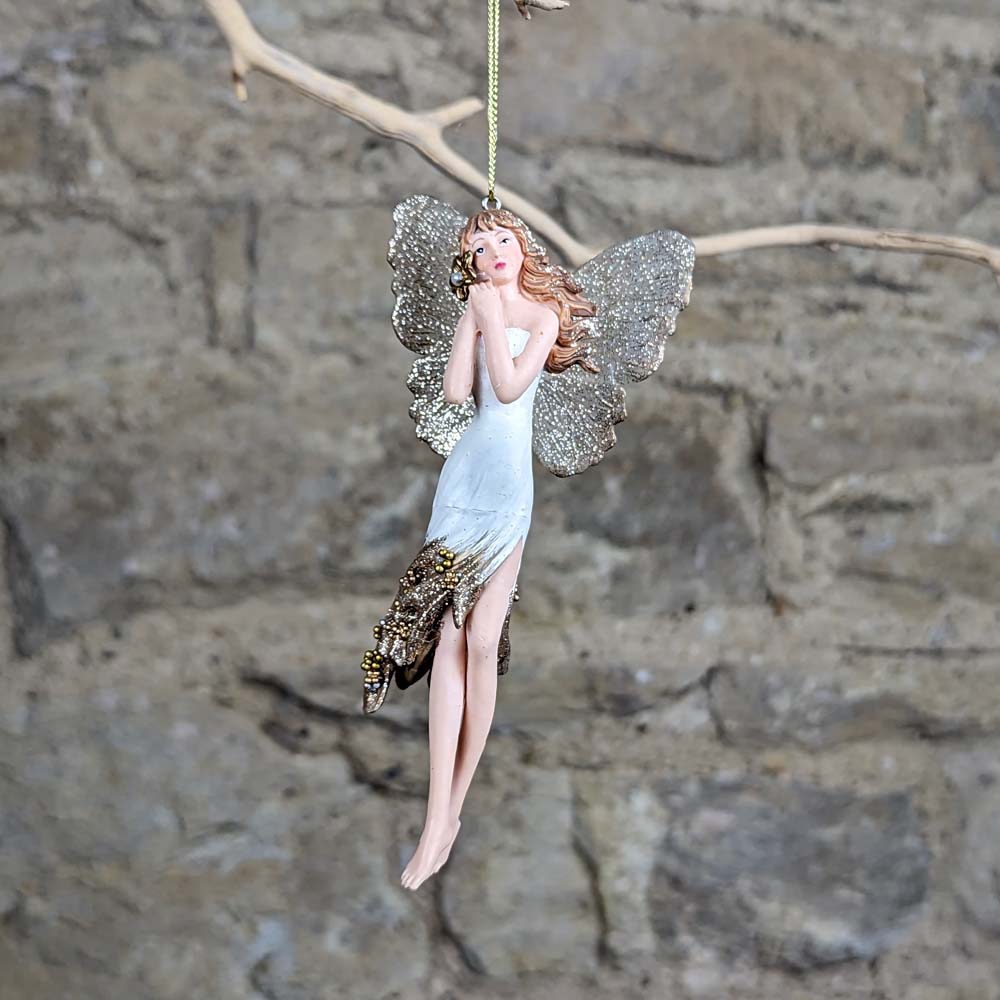 Tall Resin Cream and Gold Fairy Decoration