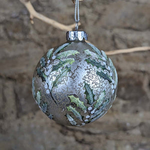 Antique White & Silver Glass Bauble with  Holly Leaves White Berry