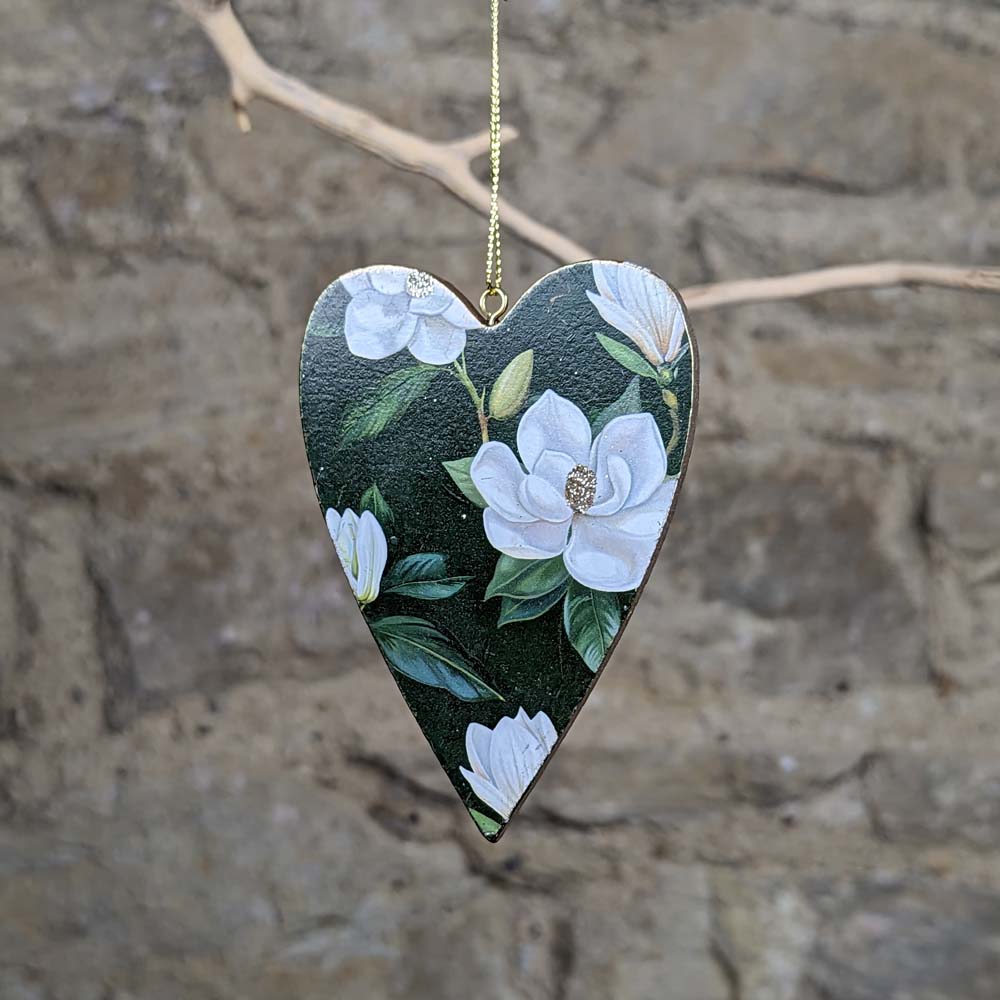 Dark Green Wood Heart with Magnolia Decoration and Glitter