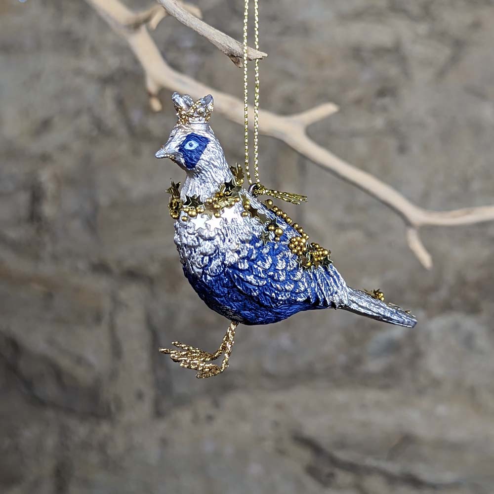 Blue and Gold Resin Partridge Decoration