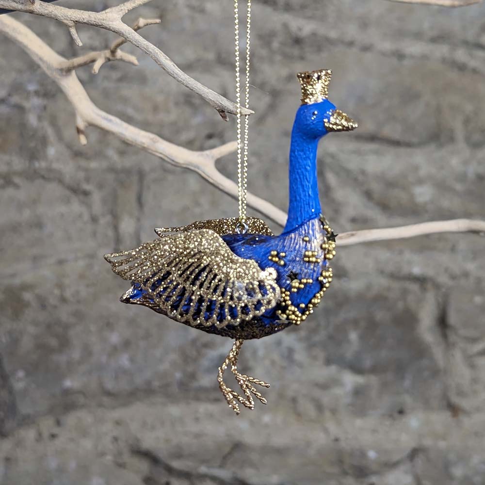 Blue and Gold Resin Goose with Gold Metal Wings