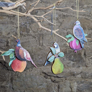 Wooden Pheasant, Partridge & Dove Decoration on Fruit