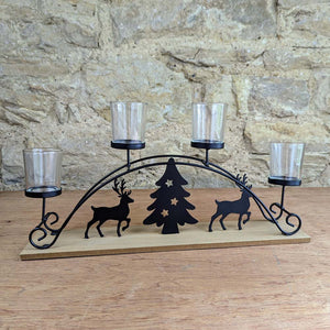 T'Light Holder with Black Silhouette Metal Trees and Deer on Wooden Base