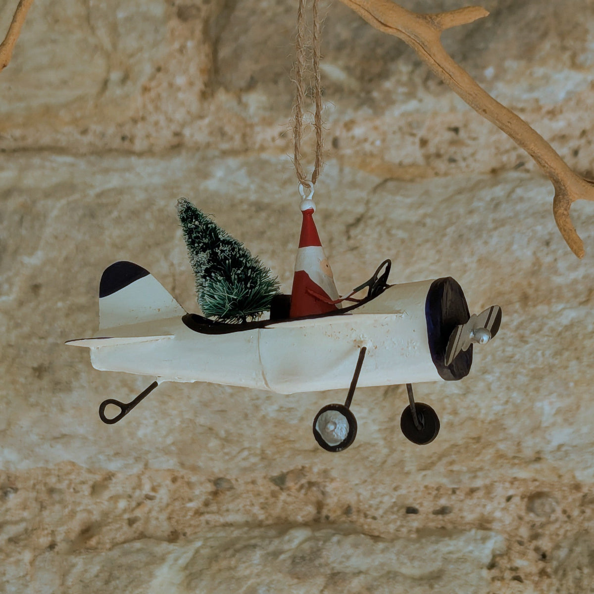 Cream Tin Santa Flying With Tree