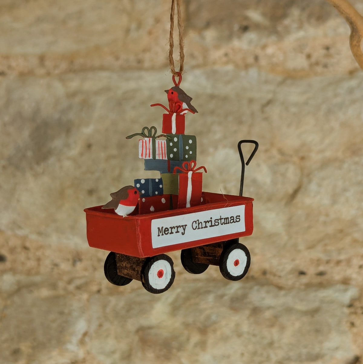 Tin Robin and Gifts on Cart Hanging