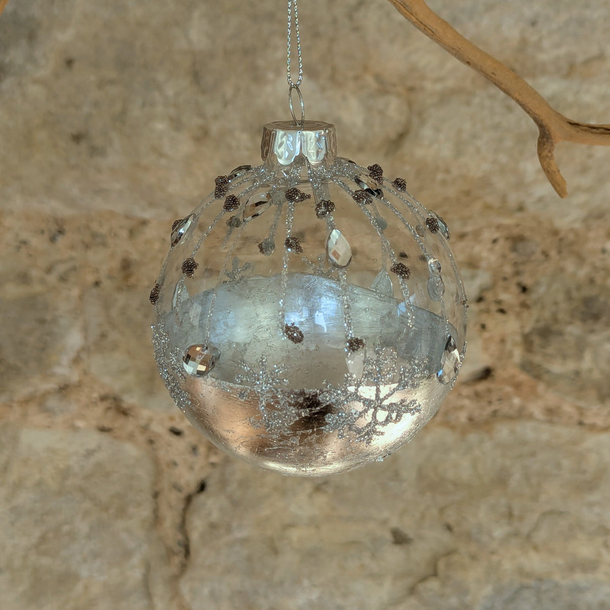 Silver & Jewelled Stripe Glass Bauble