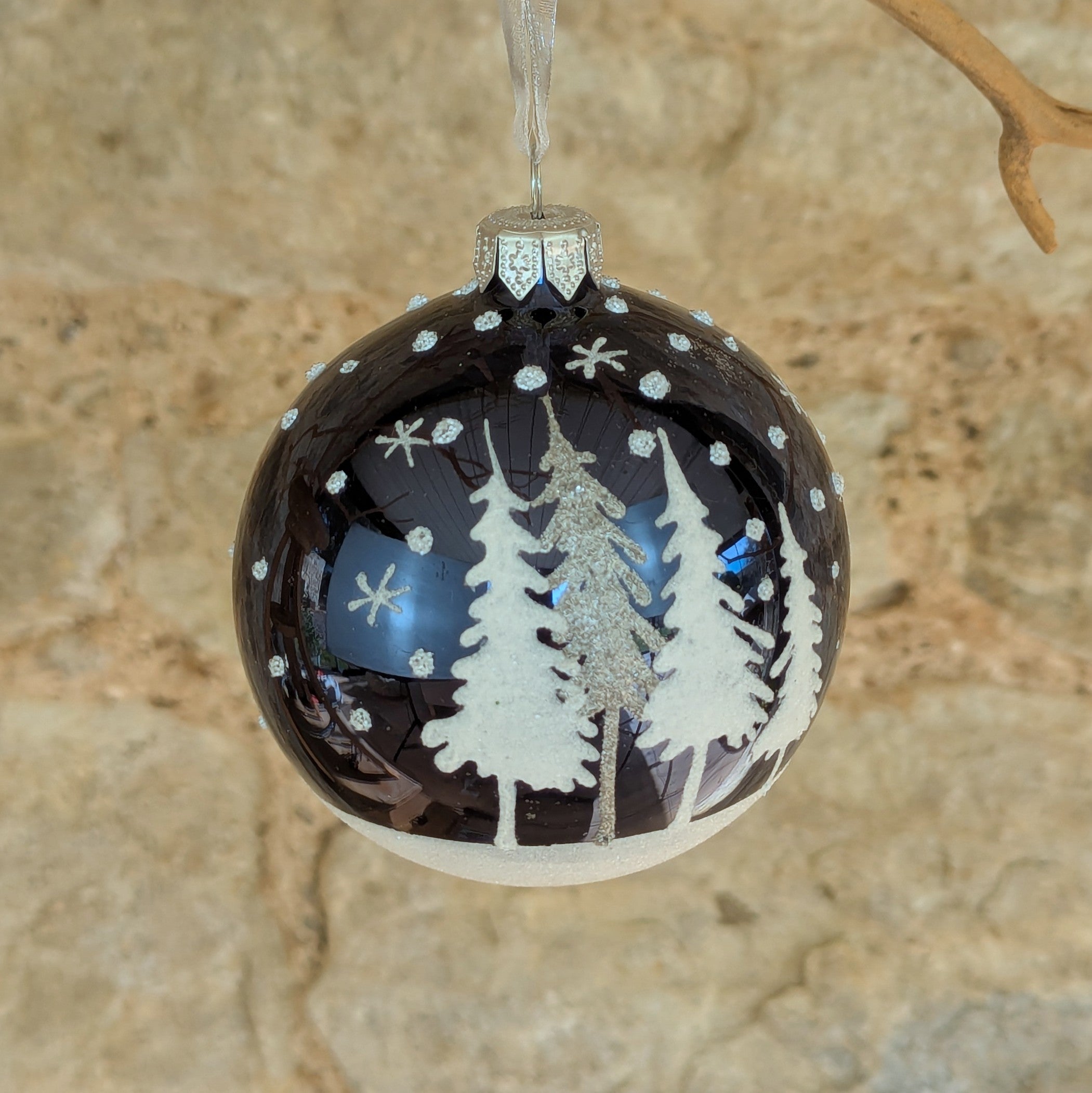 Navy Blue Glass Bauble with white Glitter Trees and Silver Tree highlight
