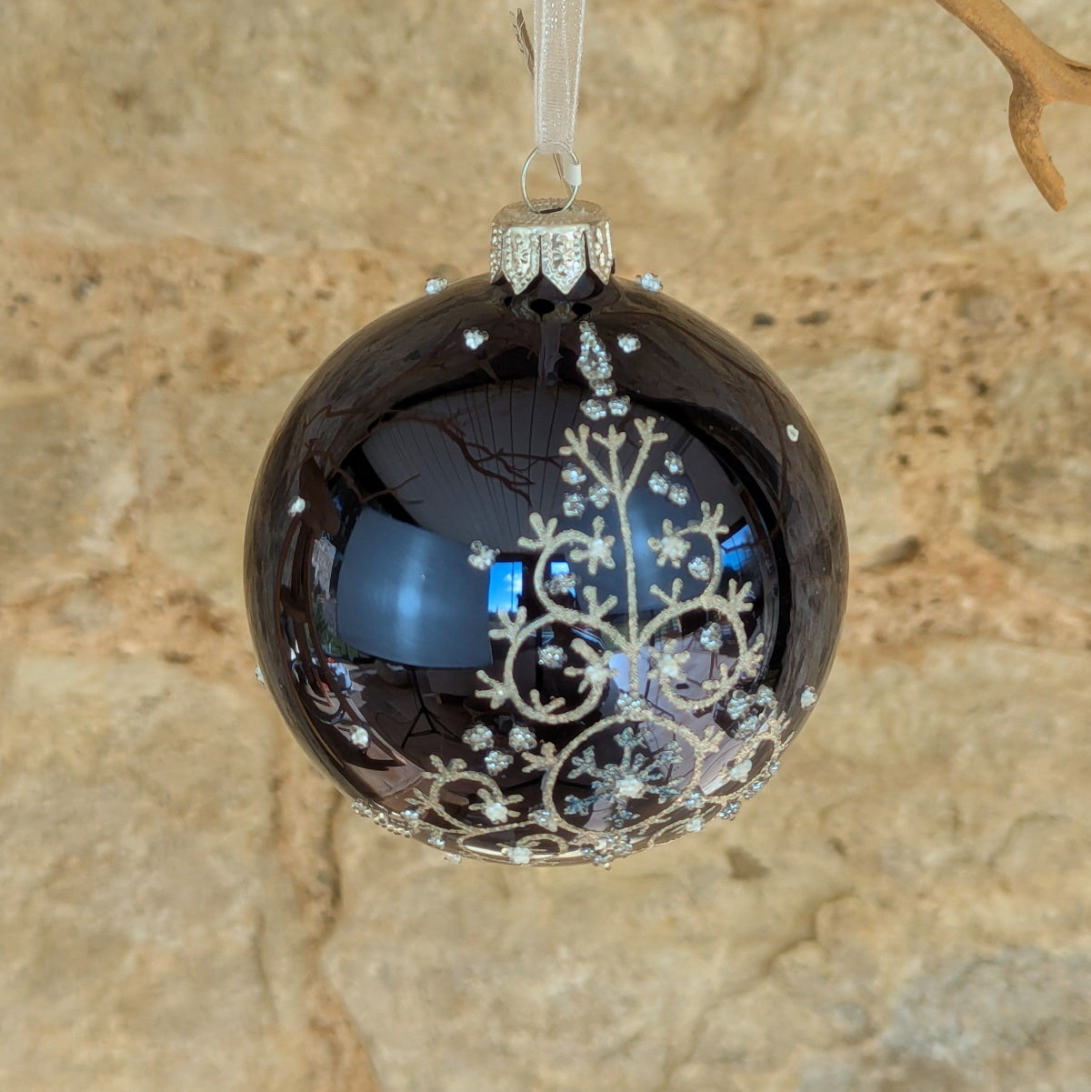 Navy Blue or Silver Glass Bauble with Glittery Curl Tree