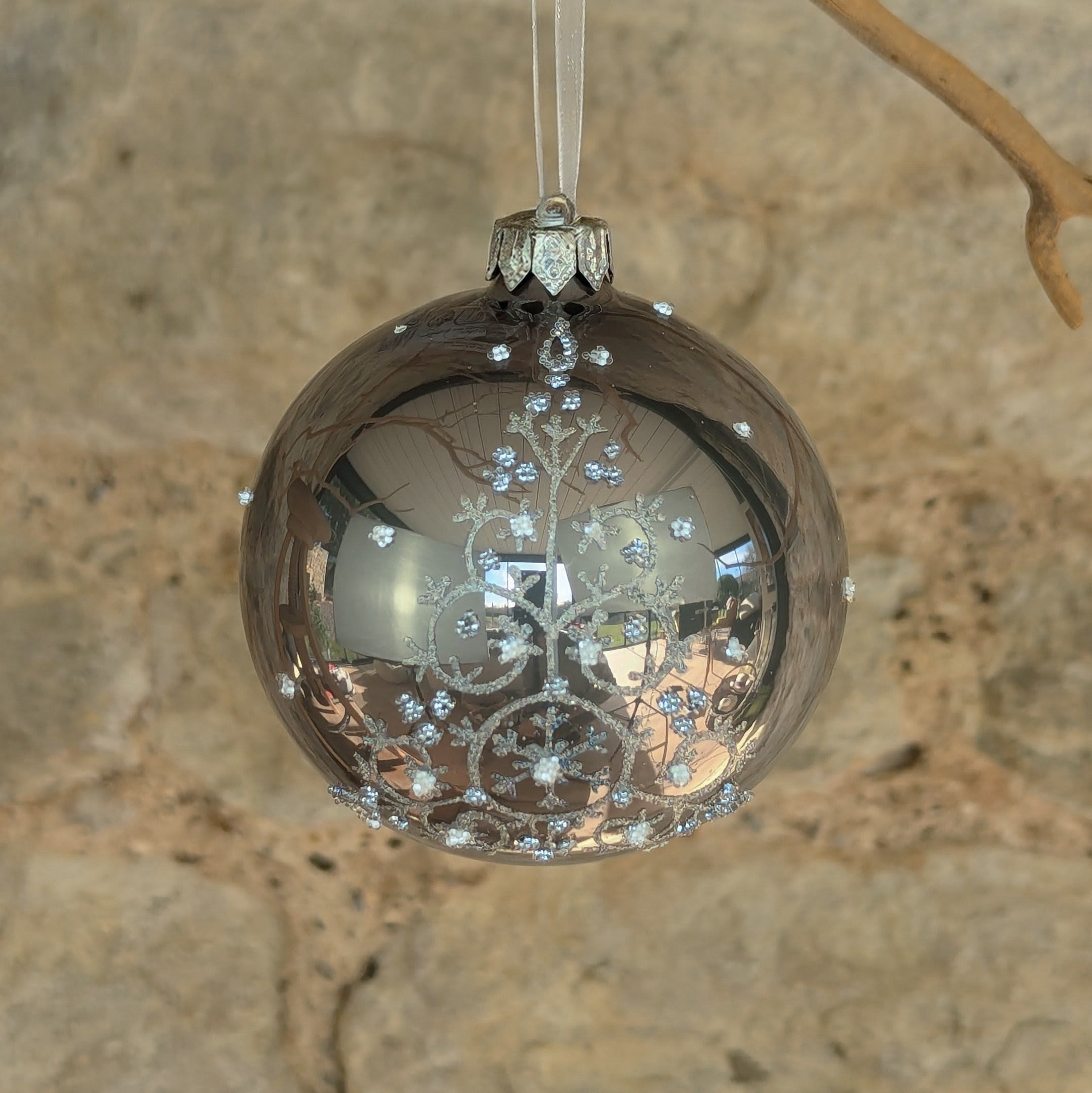 Navy Blue or Silver Glass Bauble with Glittery Curl Tree