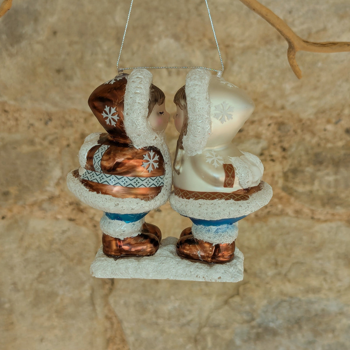 Inuit Kissing and Sledging in the Snow Glass Decoraton