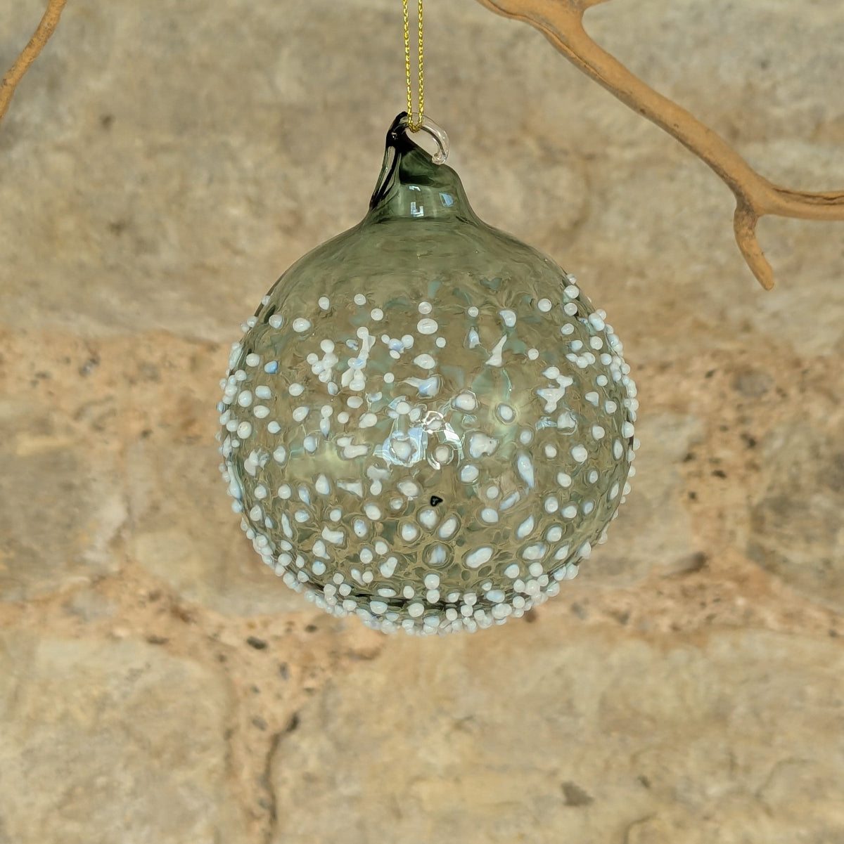 Blue Green Glass Bauble with Raised White Snow