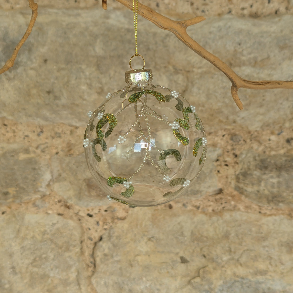 Glass Bauble with Glittered Mistletoe