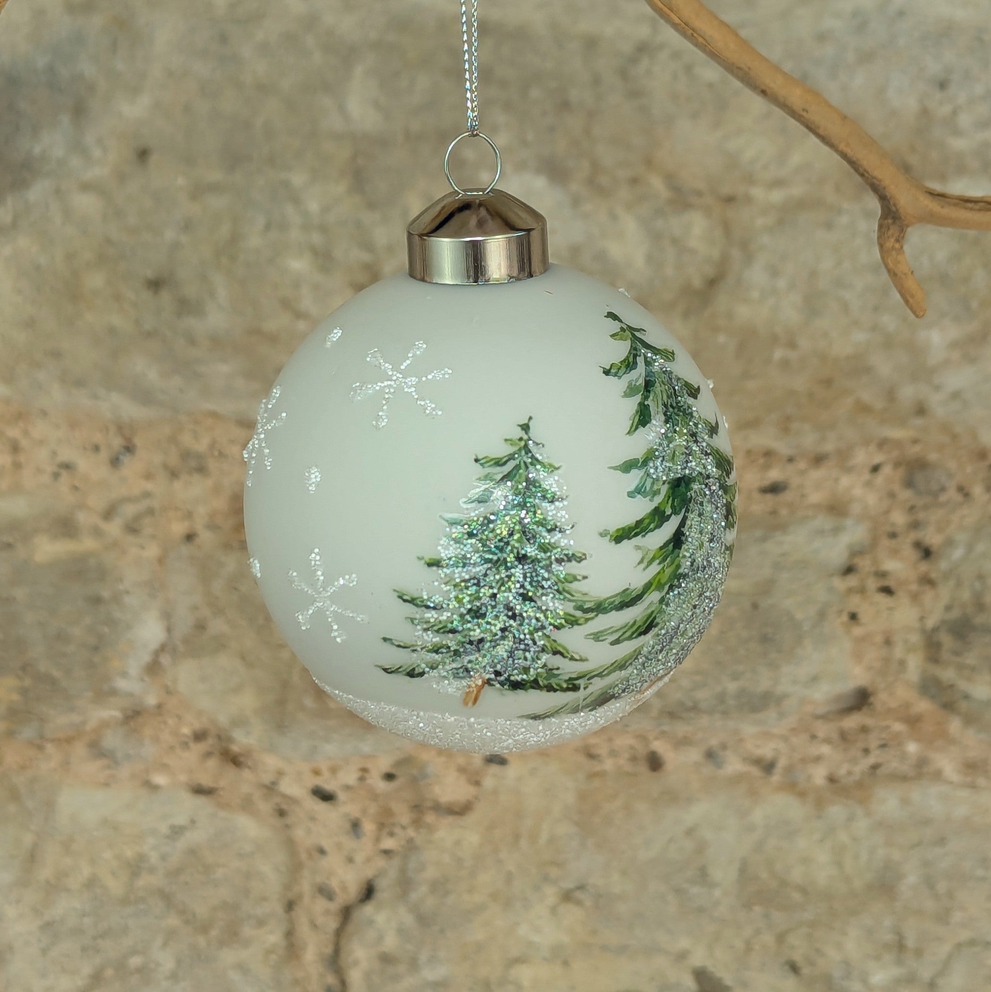 Matt White Printed Fir Trees Glass Bauble