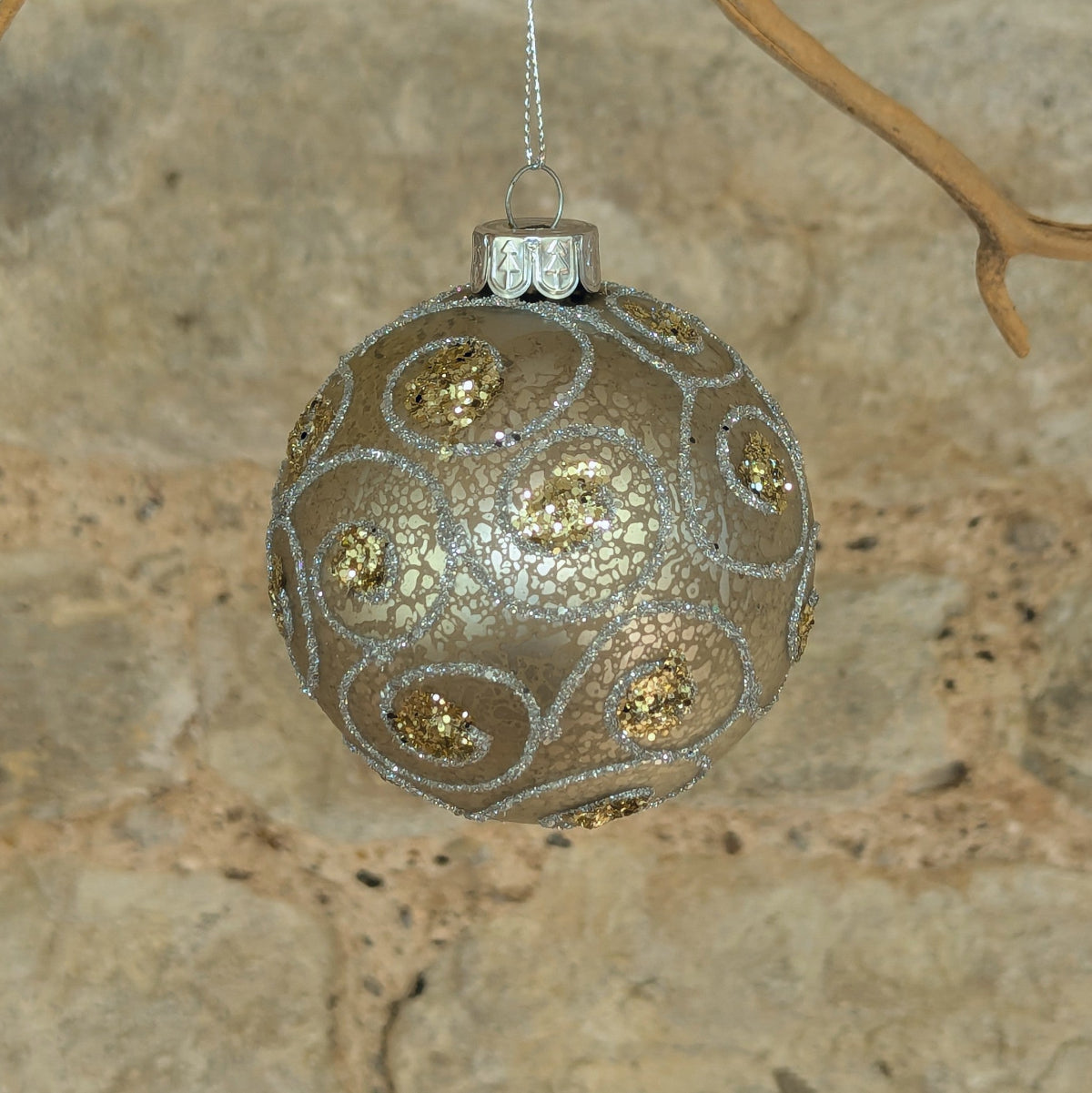 Glass Silver Bauble with Silver & Gold Swirls