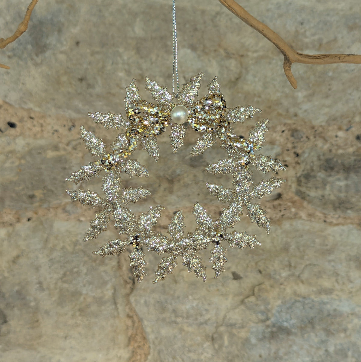 Pale Gold Glitter Acrylic Holly Wreath Decoration