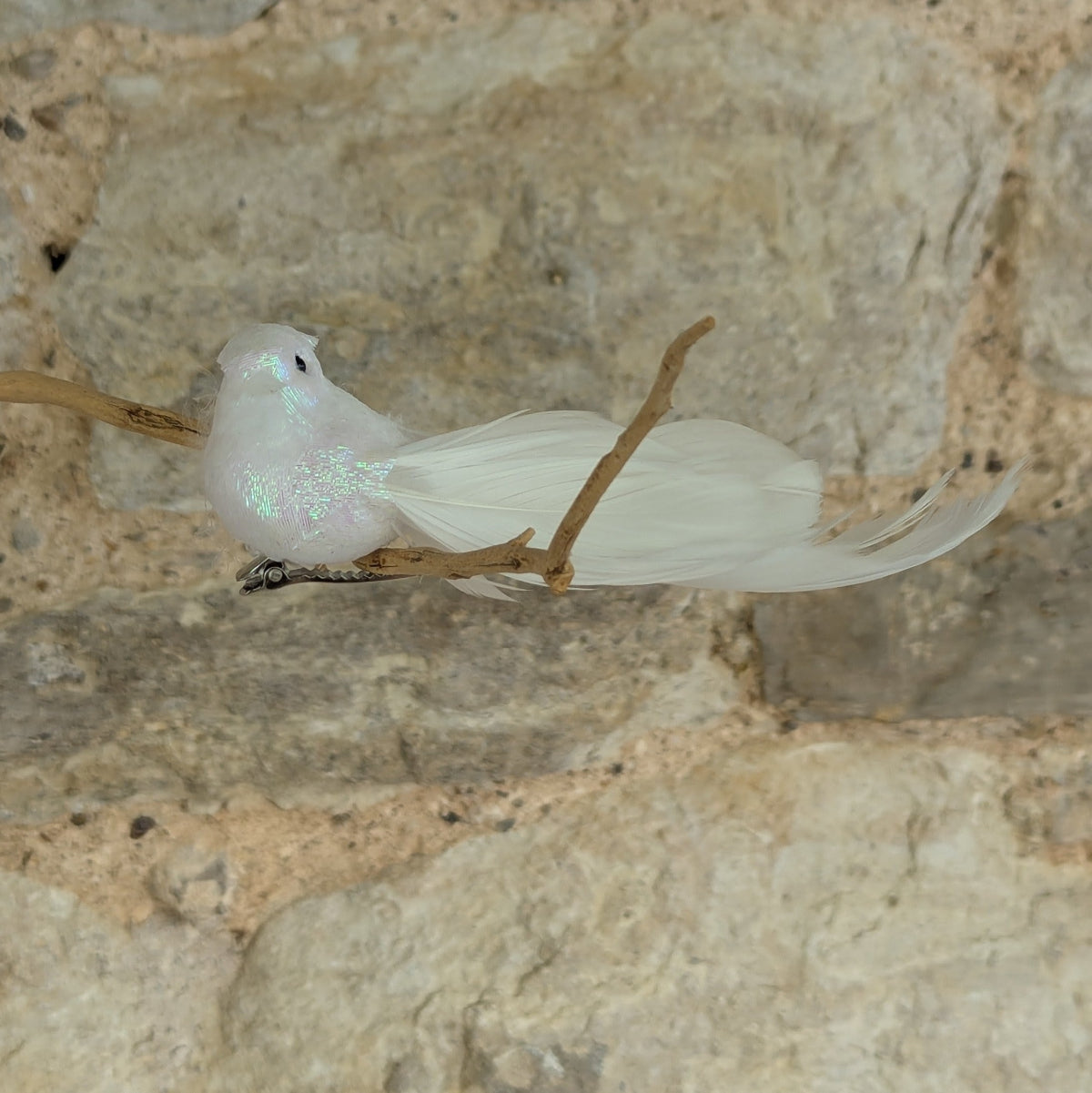 White sparkly Bird Clip with White Feather Tail