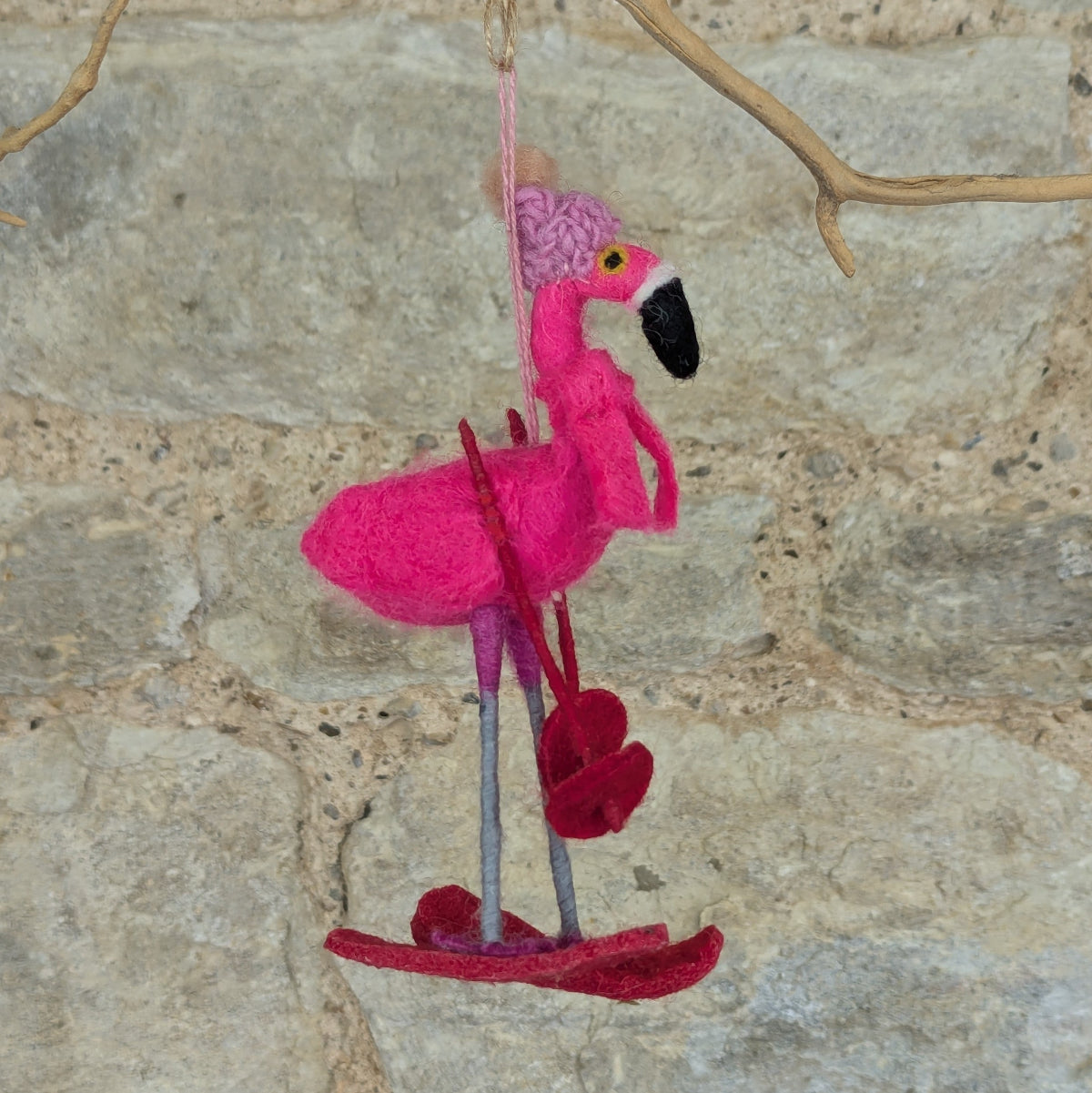 Handmade Felt Skiing Flamingo