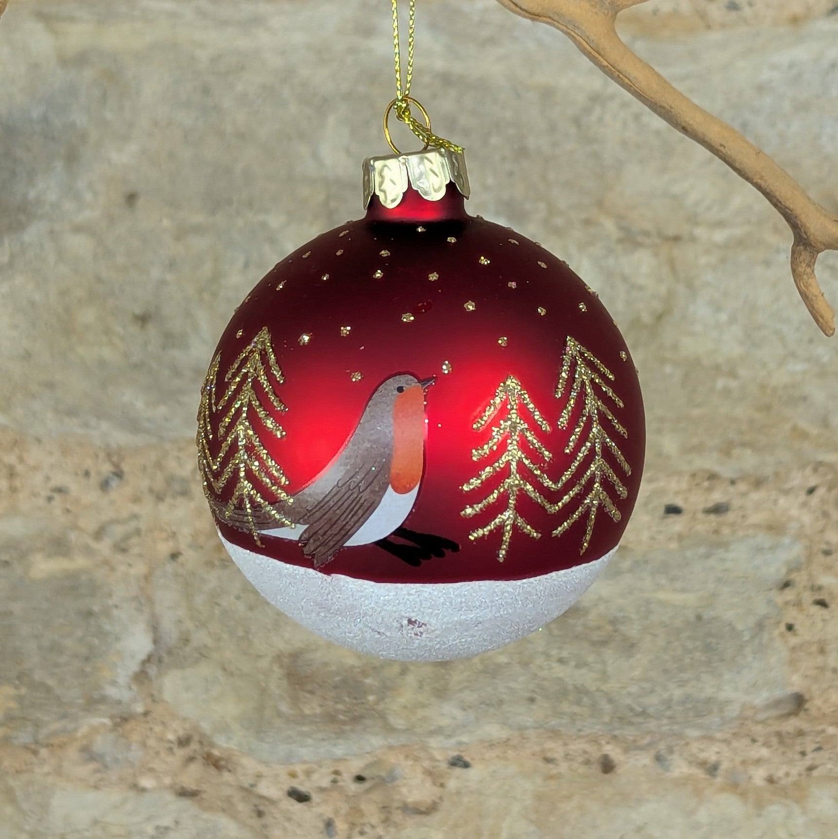 Robin & Trees Red Glass Bauble