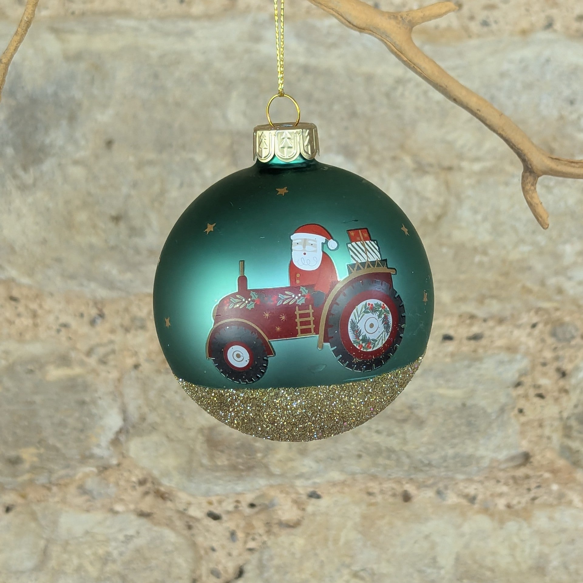 Santa on Tractor Glass Bauble