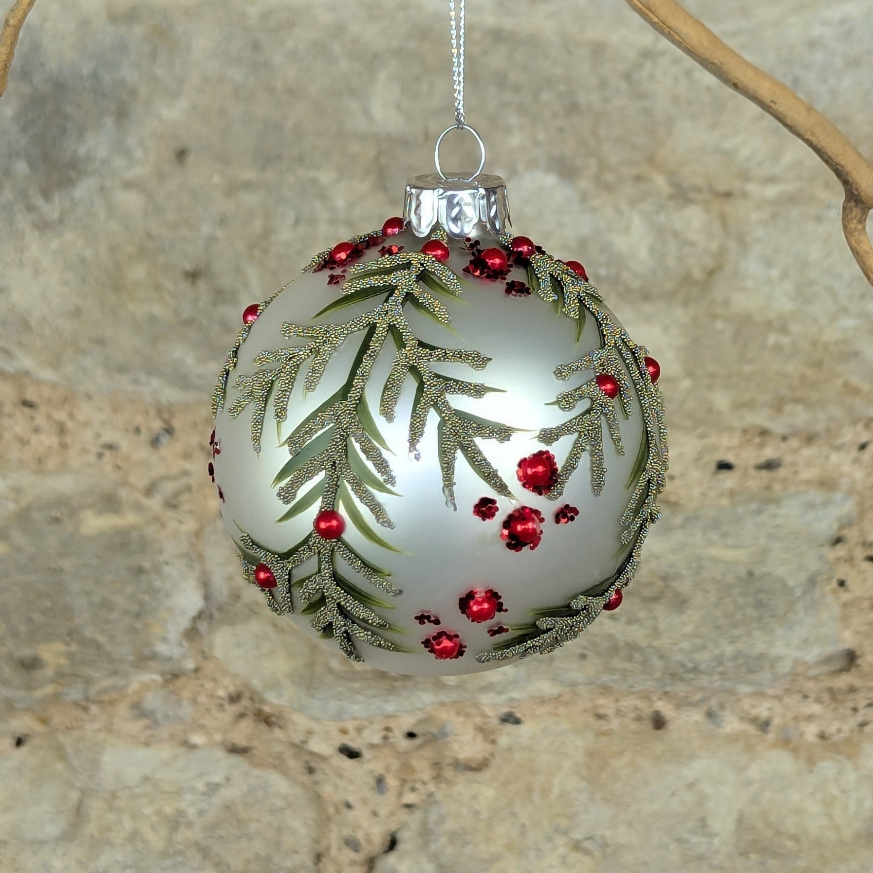 Silver Grey Glass Bauble with Glitter brand and Red Berries