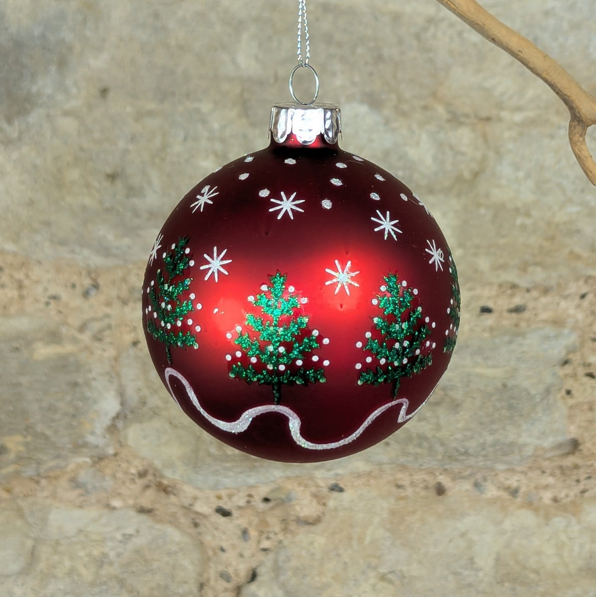 Red Glass Bauble with Green Glitter Christmas Trees and White Stars