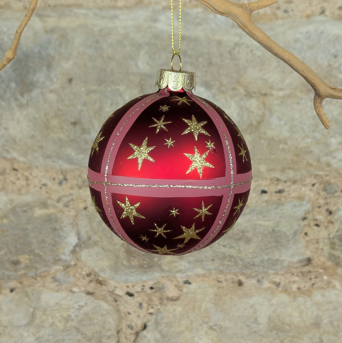 Red Gold Glitter Stars & Bow Glass Bauble