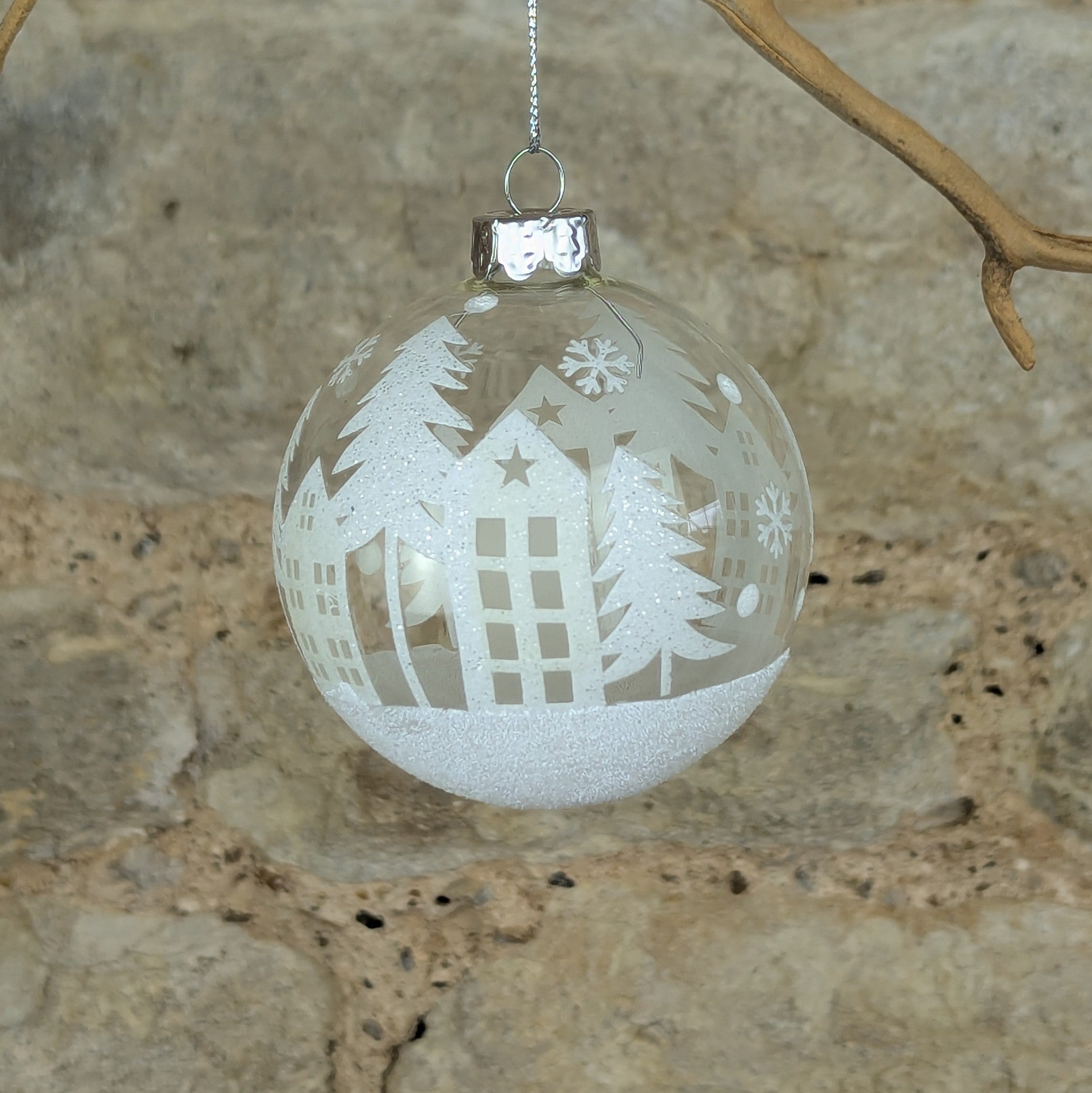 Clear White Houses & Trees Glass Bauble