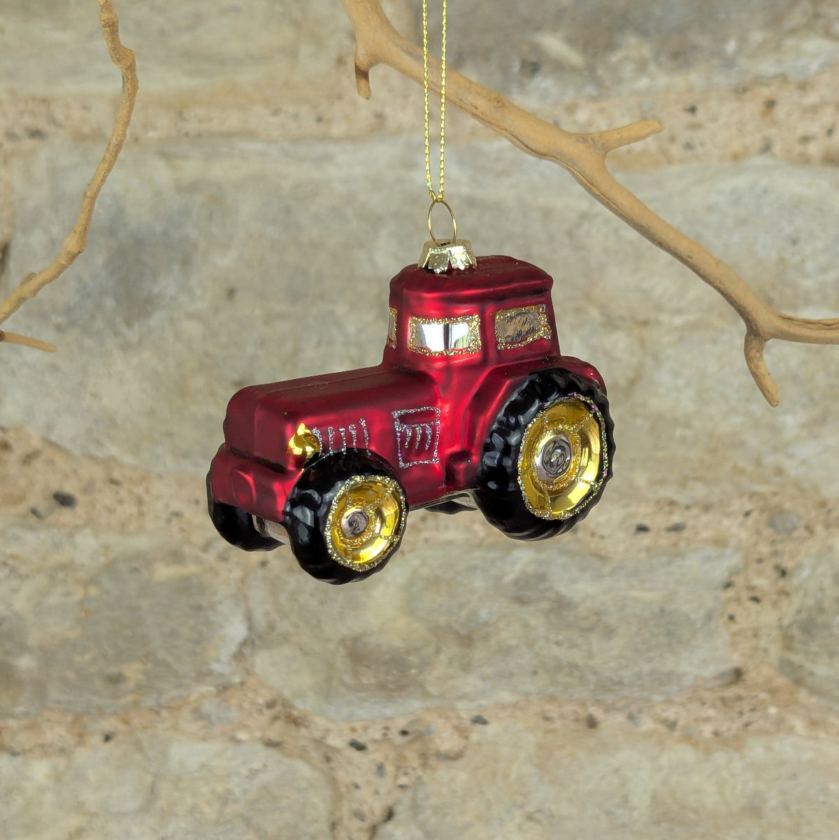 Red Glass Tractor Decoration with gold glitter highlight