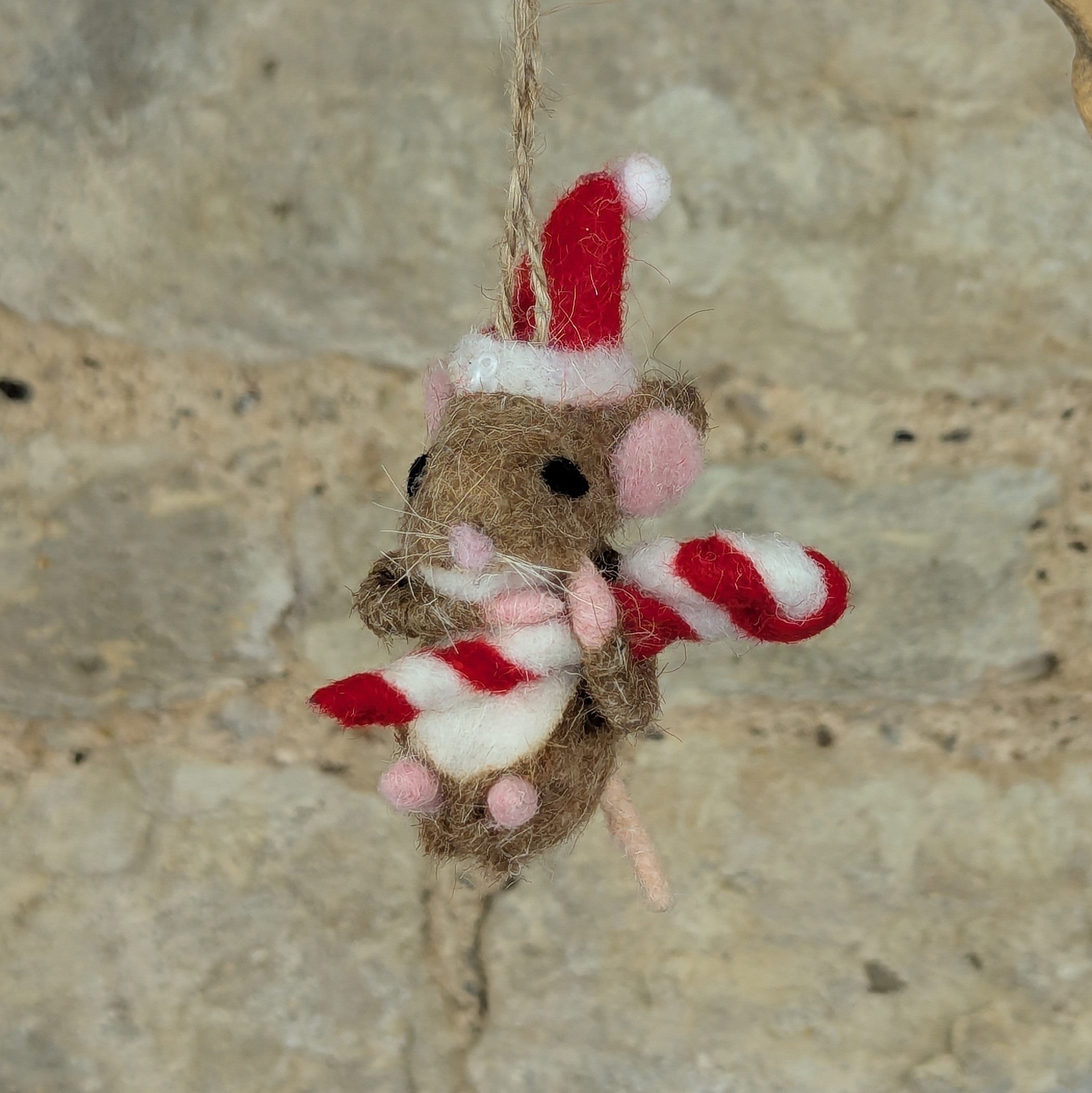 Wool Mouse with Candy Cane and Santa Hat