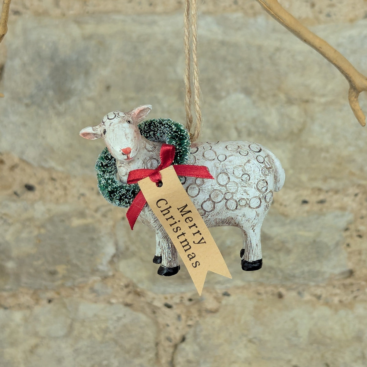 Vintage style resin Horse, Sheep, Cow with Bristle wreaths and Red Bows