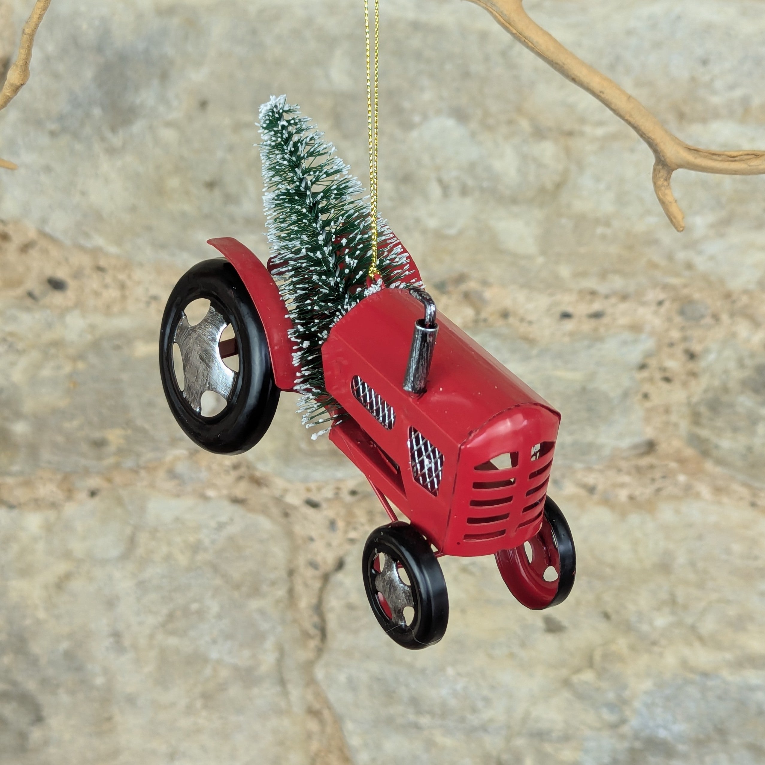 Vintage Metal Tractor with Bristle Tree Decoration