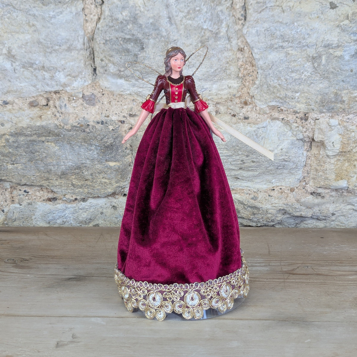 Burgundy Velvet Dressed Tree Top Angel with Gold Lace Accent