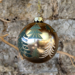 Matt Gold Glass Bauble with Green Trees