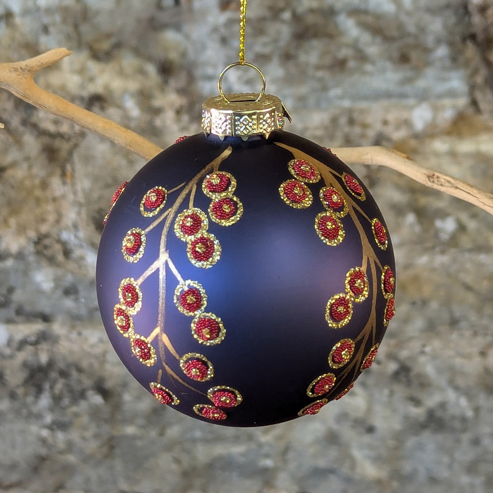 Matt Blue Glass Bauble with Red Beaded Berries and gold highlight