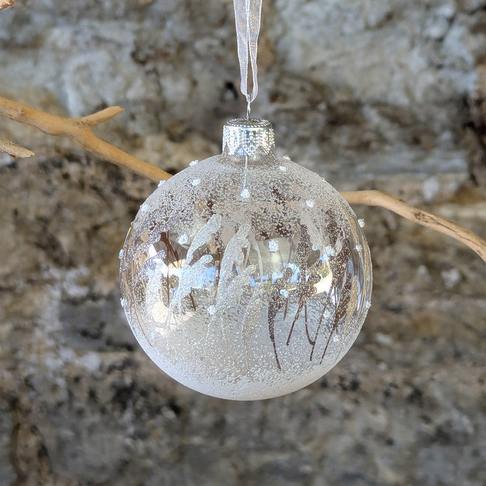 Clear Glass Bauble with Snow and Fern leaves