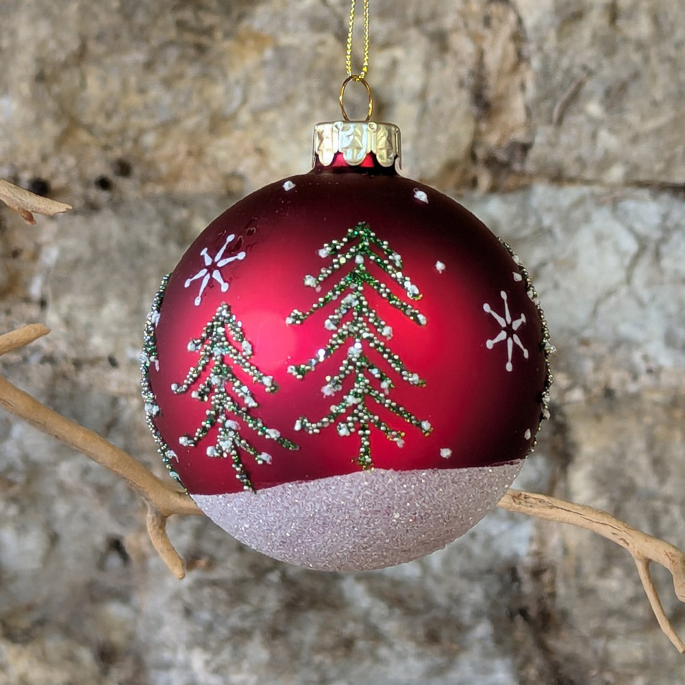 Mottled Red Sparkling Glass Bauble with Tree