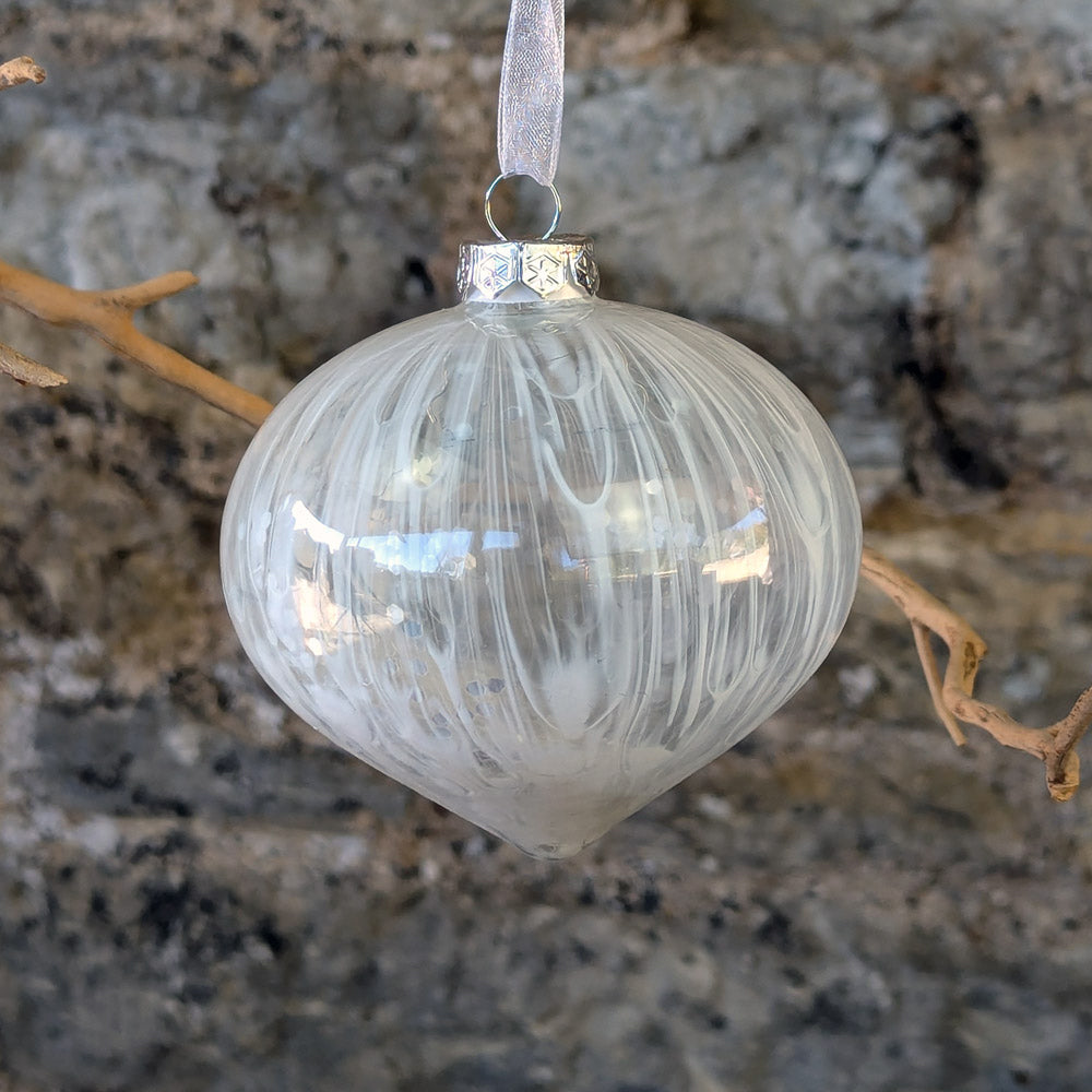 Clear Glass Onion Shaped Bauble with white slip paint with sequins inside