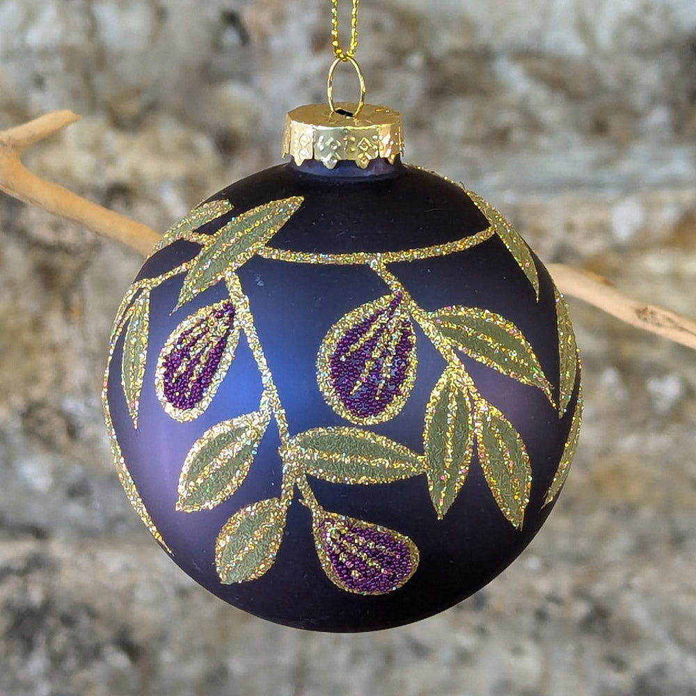 Matt Blue Glass Bauble with Purple Beaded Fruit, Leaves and Gold Glitter Highlight